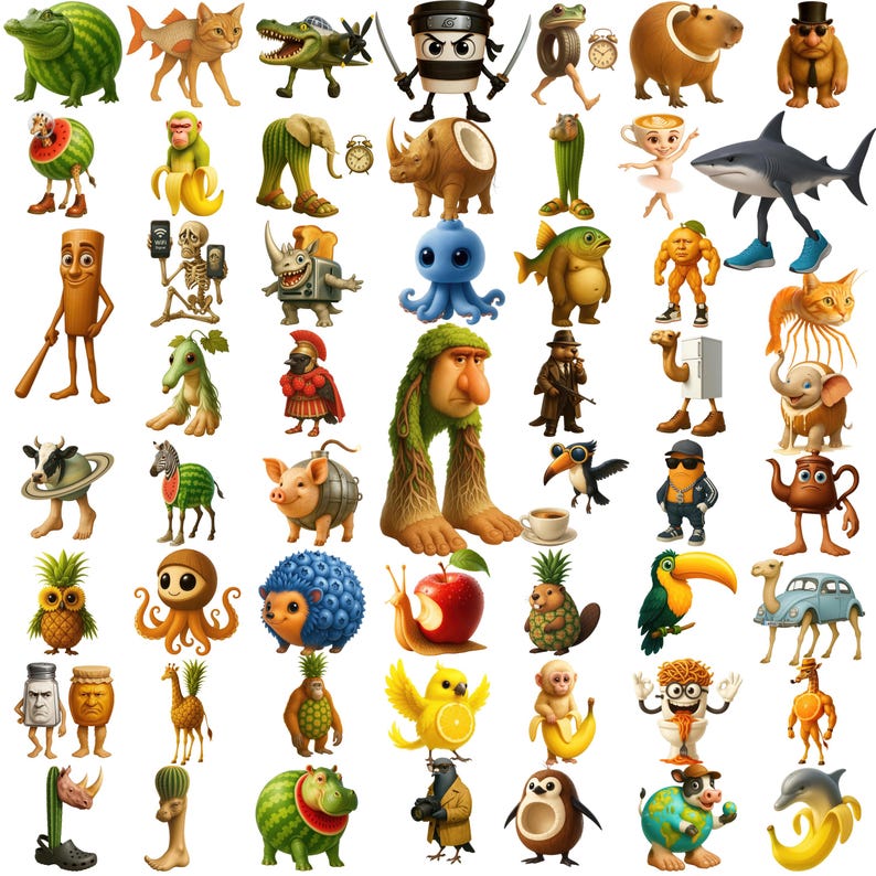 May include: A collection of whimsical cartoon characters, each a unique anthropomorphic animal or object. The vibrant illustrations feature a variety of creatures, including a ninja, a shark, and a toucan, all with distinct personalities and designs.