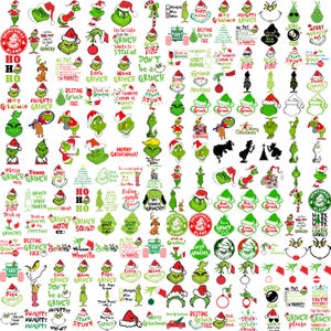May include: A collection of green Grinch-themed graphics with various text elements and designs. The images include the Grinch's face, Santa hats, and phrases like "Merry Grinchmas" and "Resting Grinch Face."