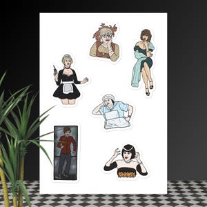 Puede incluir: Una hoja de pegatinas con ilustraciones de dibujos animados de personajes en varias poses. Las pegatinas muestran figuras con diferentes atuendos y estilos, incluyendo una criada, una mujer con un vestido y una persona con una chaqueta roja. Las pegatinas están sobre un fondo blanco.