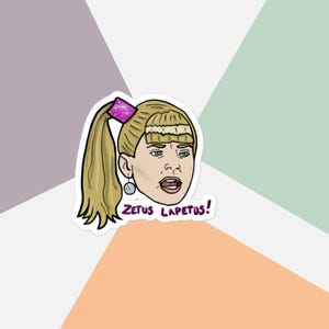 Puede incluir: Una pegatina con una ilustración de dibujos animados de una mujer con el pelo rubio en una cola de caballo, con un lazo rosa y pendientes. La mujer tiene una expresión de sorpresa y el texto "Zetus Lapetus!" está debajo.