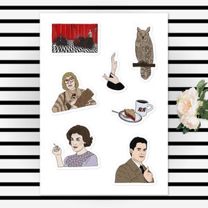May include: A sheet of stickers with illustrations of characters and scenes from a television show. The stickers include a red curtain, a black and white floor, an owl, a hand, a woman with glasses, a slice of pie, a coffee mug with "RR", and a woman smoking.