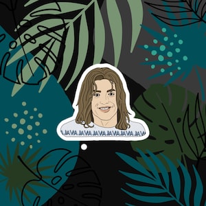 May include: A sticker with a cartoon illustration of a person with long brown hair and a white t-shirt. The shirt has the word "JAVA" repeated. The background has a tropical leaf pattern in shades of green and teal.