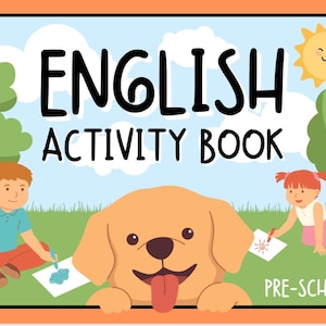 May include: An "English Activity Book" cover illustration featuring a friendly golden retriever dog, two children, a smiling sun, and trees. The text "English Activity Book" is prominently displayed, with "Pre-School" below.
