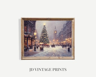 Vintage London Christmas Print, Snowy Big Ben, England Holiday Street Scene Printable Art (Digital Download)