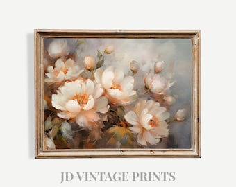Peony Floral Wall Art, Cream Botanical Painting, Soft Neutral Vintage Decor (Digital Download) Printable