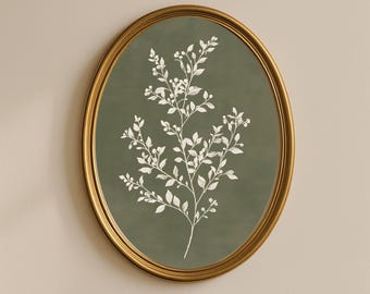 セージグリーンの植物画プリント、フレンチカントリーコテージコア風ウォールアート（デジタルダウンロード）