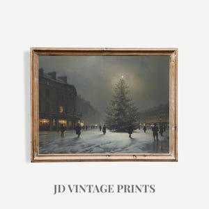 Vintage Christmas City Scene Print, Victorian Winter Street (Digital Download)