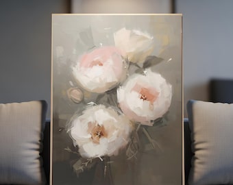 White Peony Oil Painting Art Print, Rustic Cottagecore Wall Art Printable (Digital Download)