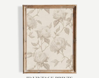 Vintage linnen bloemenkunstprint, neutraal beige botanische illustratie Frans landdecor afdrukbaar (digitale download)