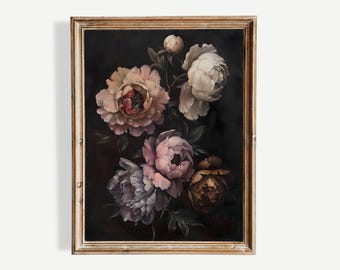 Dark Botanical Peony Art Print, Moody Floral Still Life Wall Decor (Digital Printable Download)