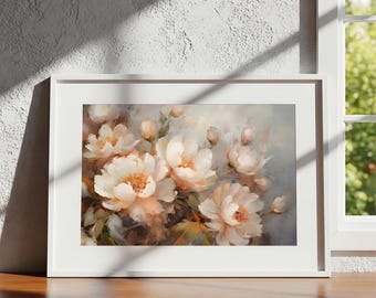 Peony Floral Wall Art, Cream Botanical Painting, Soft Neutral Vintage Decor (Digital Download) Printable