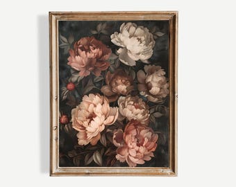 Dark Peony Still Life Art Print, Moody Flower Wall Decor (Printable Digital Download)