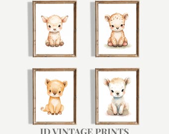 Juego de 4 láminas infantiles con animales del bosque, decoración imprimible de animales bebés en acuarela (descarga digital)