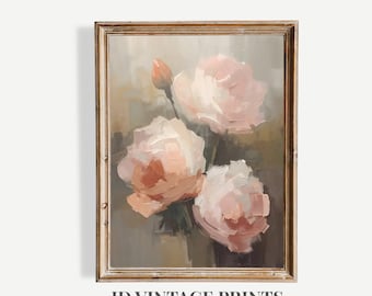 Blush Peony olieverfschilderij Art Print, romantische Cottagecore muurkunst afdrukbare (digitale download)