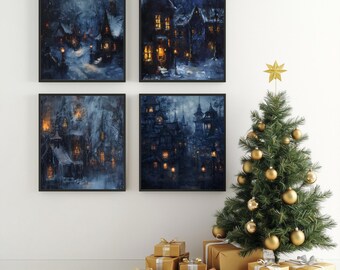 Gothic Christmas Village Print Set of 4, Haunted Holiday Decor Printable (Digital Download)
