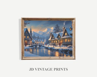 Winter Village Painting, Snowy Christmas Cabin, Vintage Landscape Printable (Digital Download)