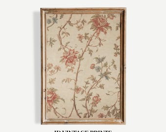 Vintage bloemen linnen wandtapijt kunst aan de muur patroon afdrukbaar, zacht neutraal wanddecor klassieke antieke bloemenprint digitale download