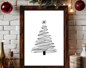 May include: A framed wall art print featuring a black line drawing of a Christmas tree created with a continuous scribble pattern, topped with a simple star, set against a plain white background within a dark brown wooden frame.