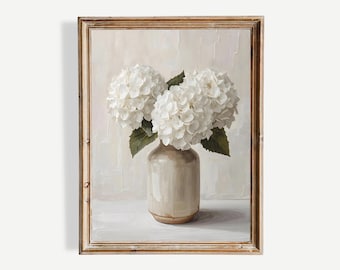 Vintage White Hydrangea Print, Neutral Floral Wall Art, Farmhouse Botanical Decor Printable (Digital Download)