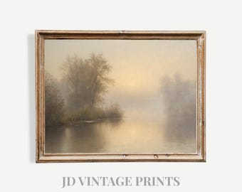 Antieke rivierlandschapsprint, humeurig klassiek schilderij, digitale kunst afdrukbare download