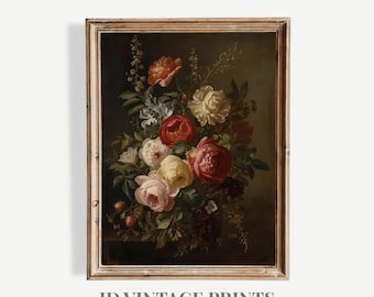 Dark Floral Peony Painting Print, Vintage Botanical Wall Decor Art, PRINTABLE Digital Download