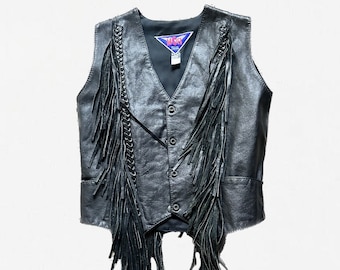 Black Leather Vest, Vintage Leather Vest, Fringe Leather Vest, Motorcycle Vest, Fringe Vest, Biker Vest, Vest By MOB, Vintage MOB Vest