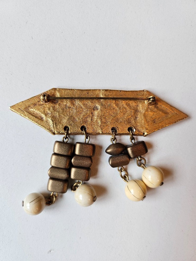 Gold Beaded Vintage Brooch, Dangle Brooch, Bronze and Gold Toned Brooch, Geometric Brooch, Vintage Pin, Beaded Pin, Asymmetrical Pin image 4