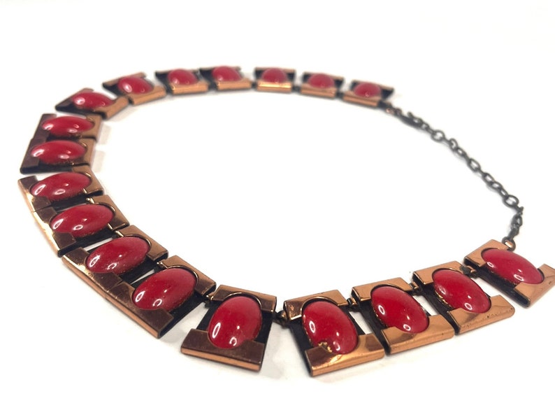 MATISSE Vintage Red Stone and Copper Necklace, Copper and enamel Choker, Vintage Copper Bib Necklace, Choker, Designer Choker image 5