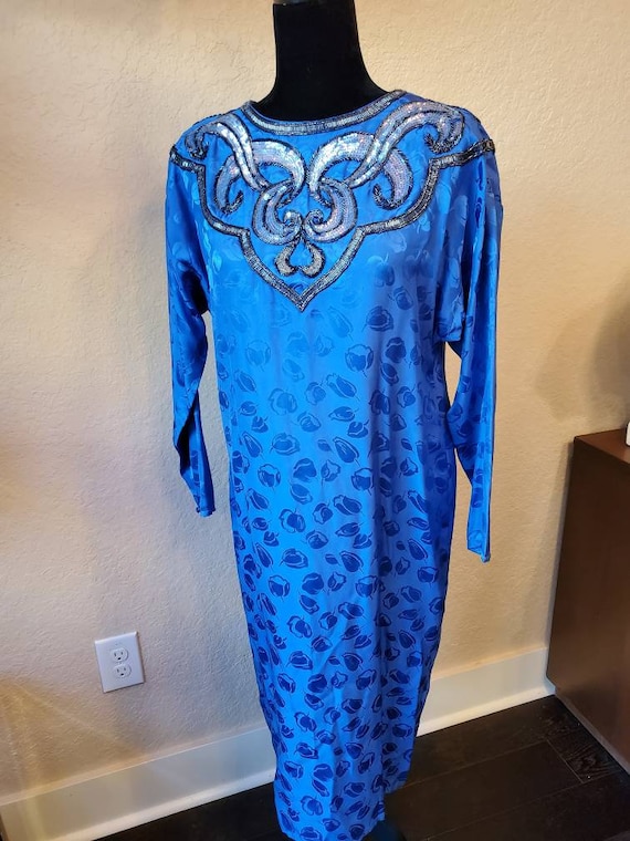 Vintage Blue Silk Dress, Tulip and Sequins Dress,… - image 1