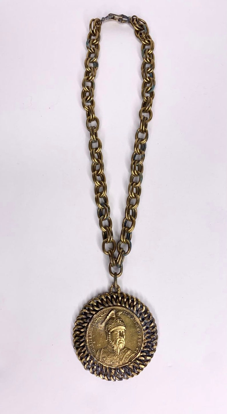Vintage brass warrior pendant with bezel choker and thick image 5