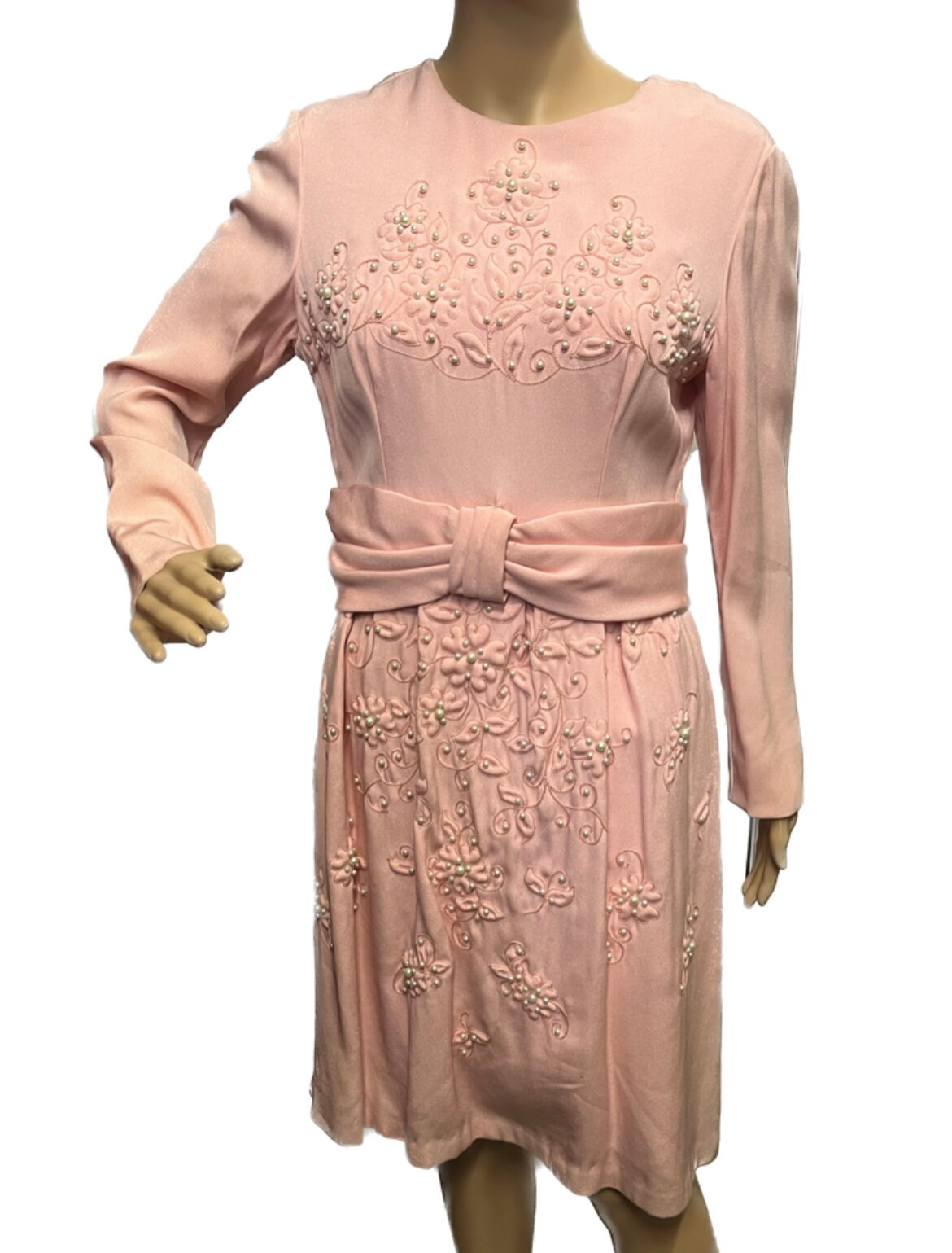 Oscar De La Renta Pink Pearl Dress, Vintage Dress, 50s Dress, Vintage Beaded Dress, Pink Beaded Dress, 60's Designer Dress, Pearl Dress