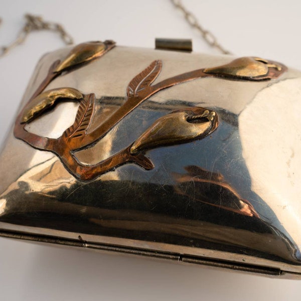 Vintage Silver Purse, Hard Shell Purse,  Brass Mixed Metal Tulip Deco, Alpaca Design, Chain Strap,  1970's Silver Purse