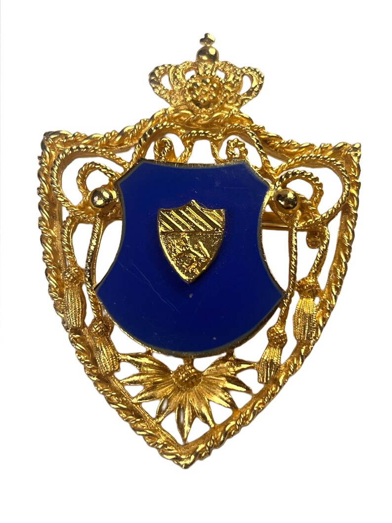 Vintage Coats of Arms Shield Brooch, Blue and Gold Brooch, Vintage Pin, Vintage Jewelry, Vintage Coat of Arms, Gold Coat of Arms, Gold Pin image 2