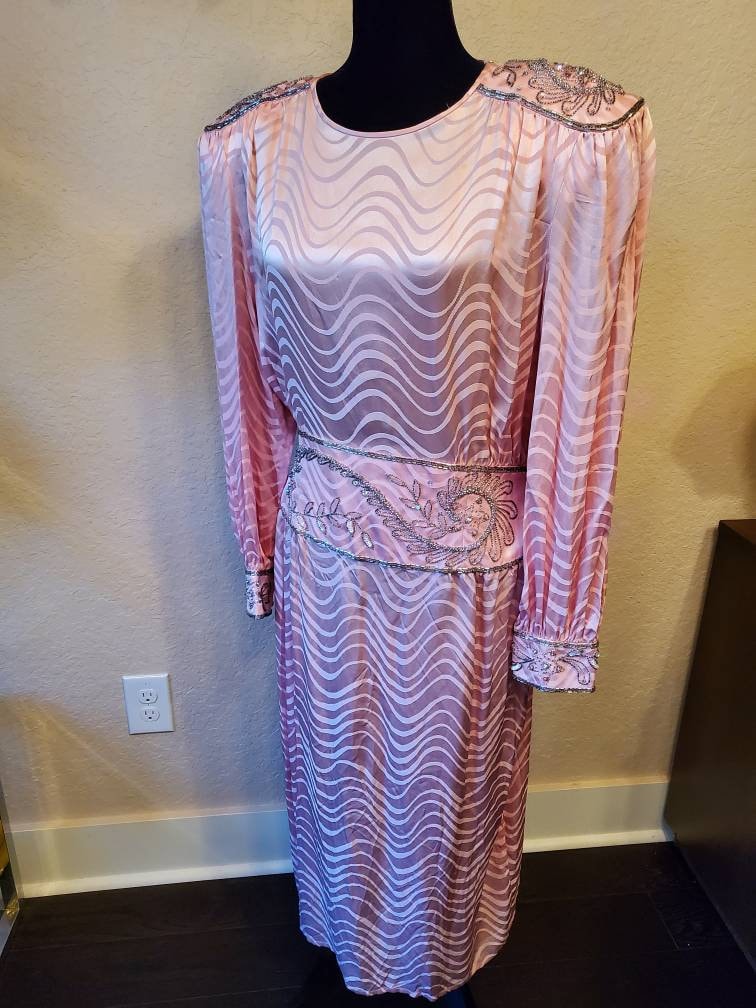 Vintage 80S Pink Silk Dress, Abstract Sequins Beaded Applique