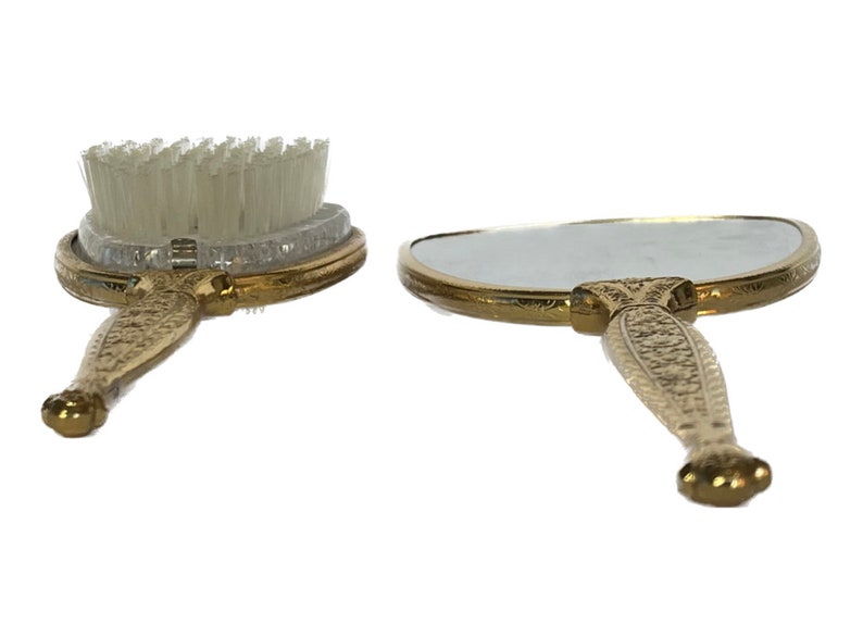 Vintage Gold Metallic Hairbrush and Mirror Set, Vintage Vanity Set, Vintage Brush and Mirror, Floral Decor, Bird Decor, Vintage Floral Brush image 4