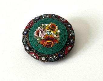 Micro broche italiano, mini broche de mosaico, broche de azulejo, broche dos anos 1940, broche floral, broche de cobre, broche vintage, broche verde, broche floral