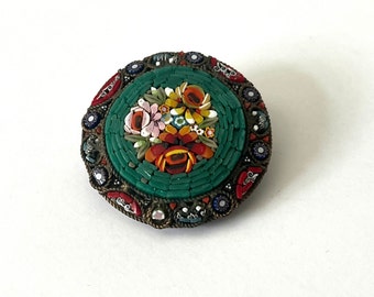 Italian Micro Pin, Mini Mosaic Tile Brooch, Tile Pin, 1940s Brooch, Floral Pin, Copper Brooch, Vintage Brooch, Green Brooch, Floral Brooch