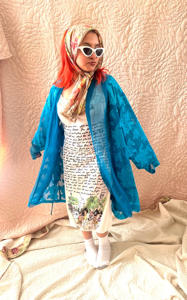 Victorias Secret Vintage Robe, Teal Floral Robe, Lingerie Robe, Sheer Blue Floral, Vintage Lingerie, Floral Jacket, Teal Jacket, Blue Sheer image 2