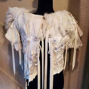 Designer Top, Feathered top, Julie Ewing, Feathered Cape, Leather Cape, Designer Cape, White Leather Cropped Top image 1