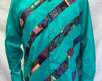 Designer Shirt, Designs by Amanda Alarcon-Hunter, Men's Shirt,  Teal Purple Print Diagonal Stripe, Custom Shirt, Long Sleeve Shirt