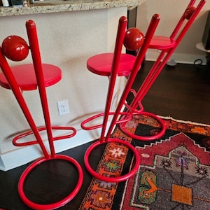 Postmodern Bar Stools,  Mid Century Red Bar Stools, Red Stools, Abstract Bar Stools, Red Tall Boys, Retro Bar Stools, Vintage Home Decor