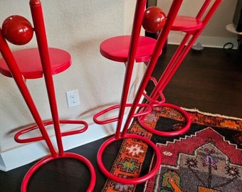 Postmodern Bar Stools,  Mid Century Red Bar Stools, Red Stools, Abstract Bar Stools, Red Tall Boys, Retro Bar Stools, Vintage Home Decor