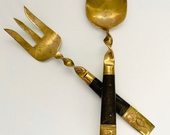 Thai Brass Fork and Spoon, Thai wood and brass fork and spoon, 1970's Fork and Spoon, Vintage Utensils, Vintage Kitchenware, Large Spoon