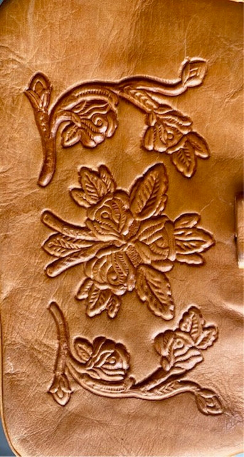 Vintage brown leather purse floral embossed,1960's image 7