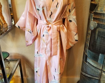 Pink Kimono, Kimono robe, Pink Robe, Crane Motif,  Vintage Robe, Made in Japan