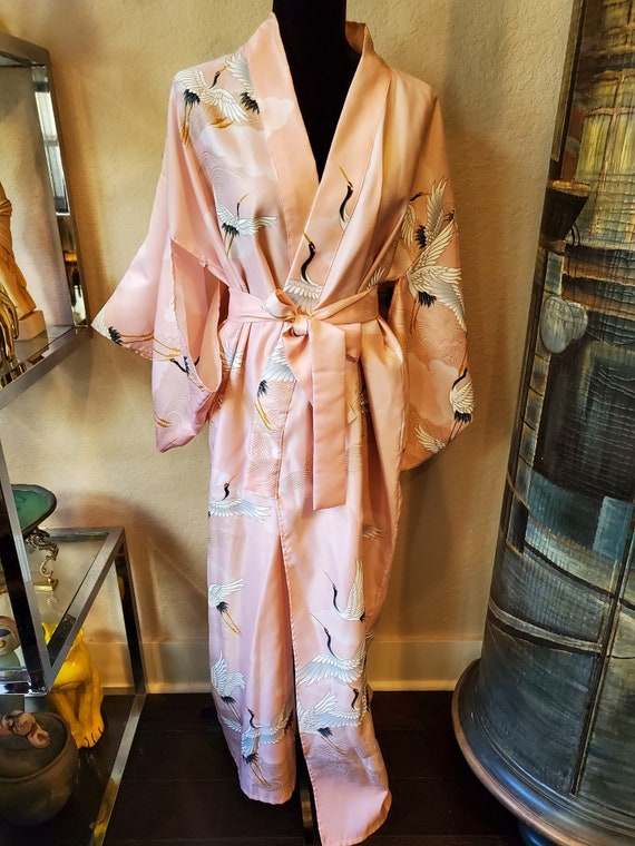 Pink Kimono, Kimono robe, Pink Robe, Crane Motif, 