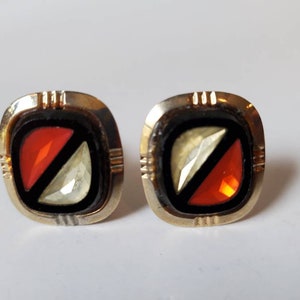 Vintage Men&#39;s Cufflinks, Vintage cufflinks, Gold Tone Cufflinks, Cufflinks with black onyx and orange stone, 1960&#39;s Cufflinks, Retro