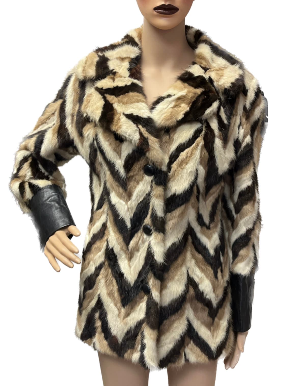 Chevron Mink Fur Coat Vintage Mink and Leather Coat Vintage Mink Coat Brown Leather Brown Tan and Cream Mink Stripe Fur 70s Mink Coat