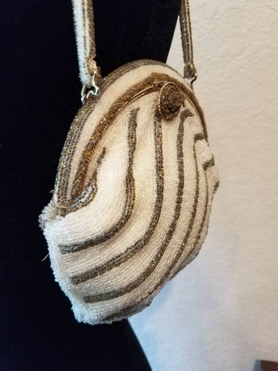 Beaded vintage handbag cream and tan ,1940's - image 6