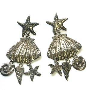 Vintage Seashell Earrings, Pewter Beach Earrings, Charm Dangle earrings, Nautical Earrings, Vintage Pewter Seal Life Earrings